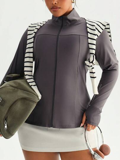 SHEIN Rhythm Era 大码女式纯色前拉链休闲运动领长袖夹克拉链上衣健身衫女式健身上衣前拉链长袖健身上衣女式健身衫