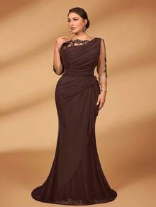 Serin Vestido de sirena elegante y lujoso de talla grande con mangas largas de malla elástica de punto, con bordados de encaje transparente y volantes fruncidos, adecuado para bodas, eventos, fiestas, vacaciones, despedida de soltera, Día de San Valentín - Café - Ver 5