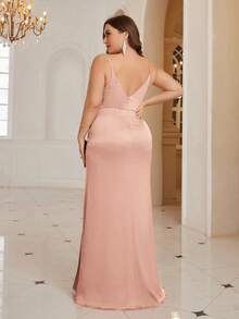 SHEIN Belle Plus Size Cho Nữ Màu Vải Xếp Bên Khe Viền Thanh Lịch Spaghetti Dây Cô Dâu - Bụi tím - Xem 2