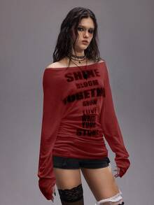 ROMWE Grunge Punk Kpop浪漫朋克风十字架字母印花露肩长袖T恤女款