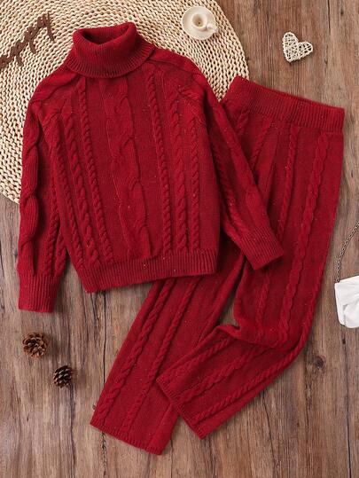 SHEIN 青少年女孩毛衣套装，包含高领、纹理针织、波尔卡圆点图案长袖毛衣和直筒针织裤套装，适合秋冬穿着，适合休闲外出和居家