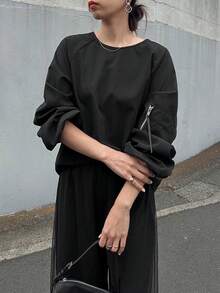 FRIFUL 女士纯黑色圆领上衣，插肩袖，拉链装饰；搭配网眼直筒裤，宽松休闲两件套，适合秋冬季 - 黑色 - 查看 3