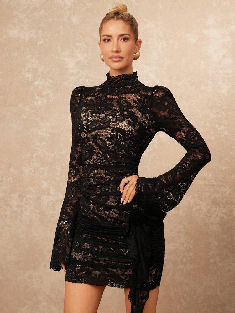 Lumalex Summer Spring High Collar Lace Padded Shoulder Flare Sleeve Cinched Waist Ruched Flounce Hem Women Mini Dress Black Lace Dress Long Sleeve Elegant Dress Slay Diva Dress Luxury Prom Gathering Party Banquet Modest Old Money Glitter Holiday Party Rave Festival Outing Vacation Hot Outdoor Richly Layered Wedding Season Banquet Party New Year Black Sexy Dress Looks Of Party Gala Night Party Dress For Autumn Matching Set His & Hers, Proposal Gift Of Love Celebration Sweetheart Be My Valentine Date Night Dress Little Black Dress Bodycon Dress Cocktail Dress - Black - View 7