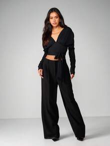 MISSGUIDED 秋冬时尚长袖 V 领裹身上衣，带系带细节 - 黑色 - 查看 3