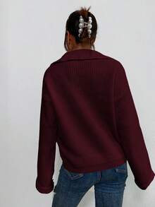 SHEIN Unity 女式纯色简约日常长袖针织套头衫 - 酒紅色 - View 2