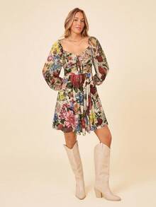 SHEIN VCAY Women's Elegant Floral Print Lantern Sleeve Dress