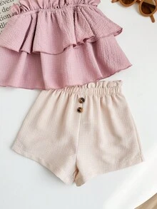 女婴可爱荷叶边吊带上衣和短裤夏季度假套装