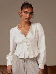 Athîral Women's Solid Color Lace Patchwork Collar Long Sleeve Blouse - White - View 3