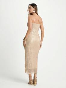 Cajuni Party Heart Shape Neck Sequin Dress - Apricot - View 9