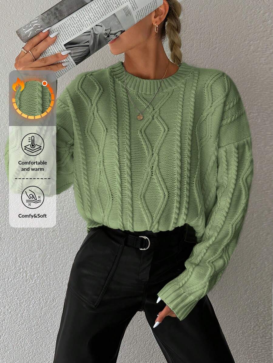 EURMUSE Ladies' Casual Round Neck Dolman Sleeve Geometric Pattern Knitted Sweater For Autumn/Winter - Hijau - View 1