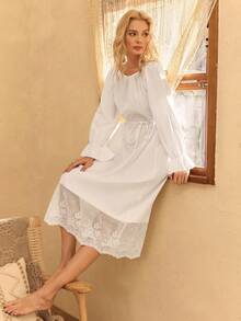 Lullawish 波西米亚风刺绣蕾丝拼接宽松舒适女士睡裙，冬季 - 白色 - 查看 5