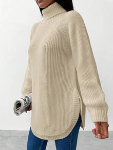 EURMUSE Women's High Neck Raglan Sleeve Sweater - Beige - View 4
