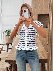 SHEIN LUNE Contrast Stripe Short Sleeve Hollow Out Knit Top Sweaters For Women Fall Sweaters - Blue - View 7