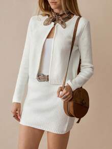 Chiquease Women's Knitted Cardigan Sweater Jacket Paired With Skirt 2-Piece Set, Elegant Office Wear, Solid Color, Autumn/Winter - Apricot - View 1
