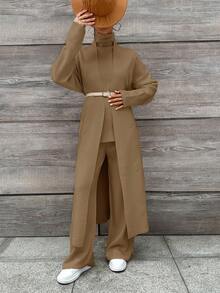 EURMUSE 2pcs Women's Casual Solid Color Cardigan & Pants Set, Fall/Winter - Camel - View 6