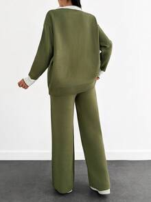 EURMUSE Ladies' Two Piece Set Of Colorblock Cardigan With Rolled Edge And Drop Shoulder & Pants With Button Fly ,Petite Women - Khaki - View 2