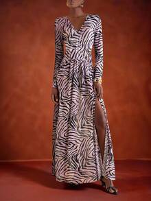 Zivah In Early Autumn And Winter 2025, New Styles For Birthday Parties, Graduation Season, Daily Outings, Basic, Versatile, Casual Vacation, Cruise Travel, Internet Celebrities, Popular, Casual, Elegant, Commuting, Casual, Street Parties, Sexy Deep V-Neck, Long Sleeves, Waist Cutouts, High Side Slits Reaching The Thighs, Pink, Black Zebra Print, Leopard Print, Net Print, Super Long Dress, A Swing Dress, Evening Dress, Women's Super Long Dress -A