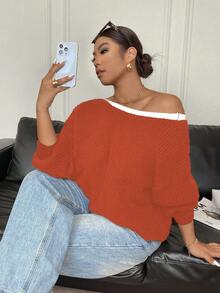 Elenzga Plus Size Women Casual Bowknot Crew Neck Long Sleeve Sweater, Autumn/Winter - Orange - View 6