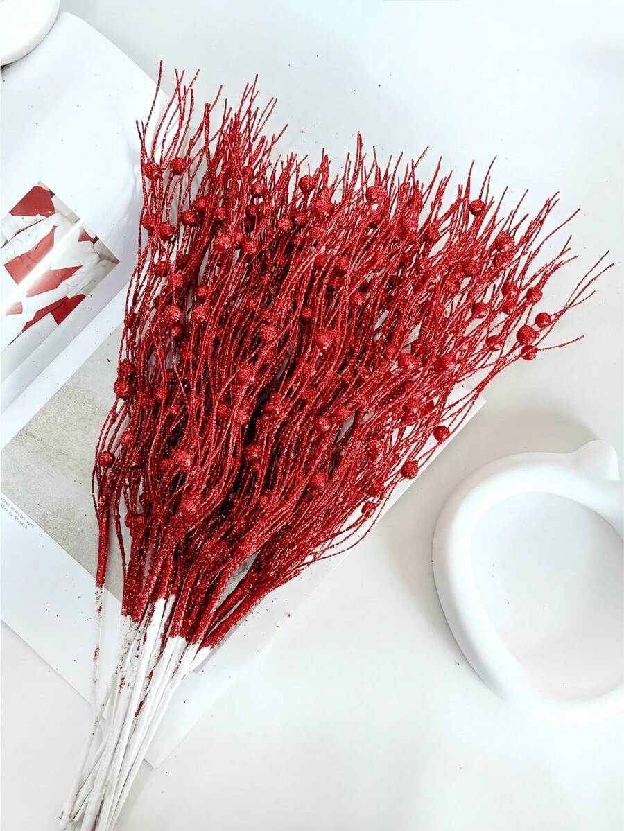 1/4/8PCS Artificial Sparkling Glitter 42cm Plants With Golden Powder Berry,Christmas Tree Decorations And Ornaments For Festival Wedding Party Home Indoor Dining Table, Room,Bedroom Decoration, Gift, Wreath, Rattan Diy Decoration Accessories,Christmas Tree And Christmas Plant Decor Home Decor Christmas Decorations - Red - View 1