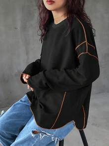 FRIFUL 女式撞色镶边圆领长袖T恤，适合秋冬季 - 黑色 - 查看 6