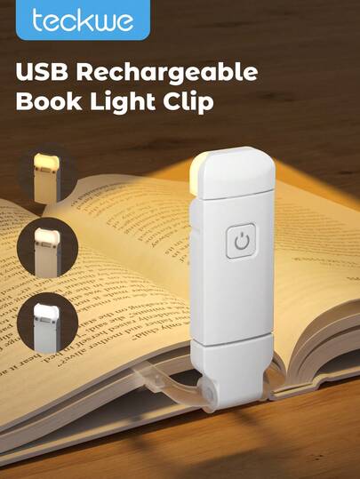 Teckwe Rechargeable Book Light, Portable Clip Table Lamp, Bookmark Reading Light Night Light, Student Book Light, Eye Protection Night, Book Light Reading, Suitable For Bookworms, Kids, Long-Lasting, Reading Bed 3 Colors And 5 Brightness Adjustable