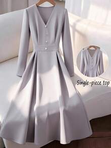 SHEIN Franclia 女式纯色纽扣装饰 V 领长袖超长连衣裙 - 淺灰紫 - 查看 8
