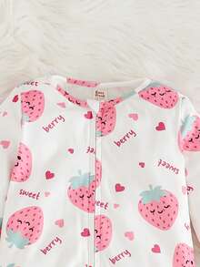 Cozy Pixies Baby Girl Strawberry Pattern Knitted Soft Crew Neck Long Sleeve Romper With Pants, Thickened Strawberry Print Jumpsuit, Thermal Lined Jumpsuit
