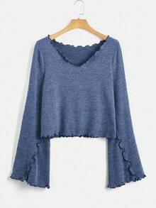 SHEIN EZwear Navy Blue Plus Size Women's V-Neck Flare Sleeve Ruffle Trim Casual T-Shirt