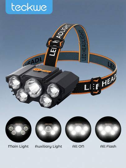 Teckwe 1pc Strong Light 5-Head Headlight, Led Flashlight Fishing Light, Waterproof Rechargeable Long Distance Hanging Style Mining Lamp For Camping, Running, Fishing, Hiking, Reading, Outdoor Sports