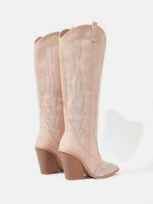 Styleloop Women's Black Patchwork Tall Boots, Western Style Stacked Heel Pointed Toe Boots, Suitable For Party, Christmas, Halloween Outfits - Apricot - View 5