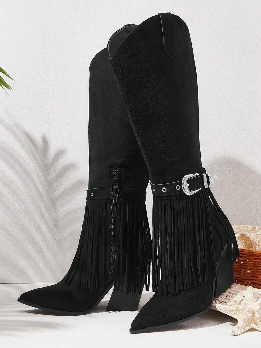 Styleloop Chocolate Brown Over-The-Knee Woven Boots, Suitable For Vacation, Boho, Western, And Music Festival Styles - Black - View 1