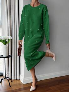 EURMUSE 女士纯色圆领珍珠细节长款毛衣连衣裙