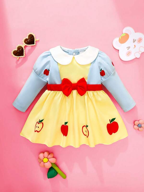 SHEIN Baby Girl Winter Dresses For Toddler Girl Yellow Color Small Round Neck Puffed Princess Sleeves Playful And Cute Apple Print Pattern Decorative Belt Bow Decorative Belt Bow Color-Block Fabric Piecing Technique Perfect For Birthday & Party & Banquet Baby Outfits For Girls