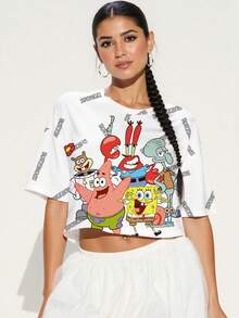 SpongeBob SquarePants | SHEIN Women's Casual Cute Cartoon Pattern Round Neck Short Sleeve Cropped T-Shirt, Summer - White - View 5