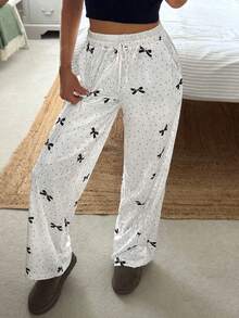 CovetEZ Women's Clothing Casual Home Party Sweet Cute Fashionable Versatile Autumn And Winter Velvet Polka Dot Christmas/Halloween Black And White Bow Print Pattern Polka Dot Drawstring Straight Trousers Comfortable - White - View 3