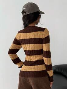 SHEIN Áo len dệt kim cổ chữ V kẻ sọc phong cách đại học màu tương phản vừa vặn thoải mái cho bé gái tuổi teen - màu nâu - Xem 2