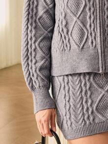 Chiquease Set de 2 piezas de suéter de punto trenzado con cremallera de cuello redondo suelto y casual, y minifalda - Gris - Ver 6