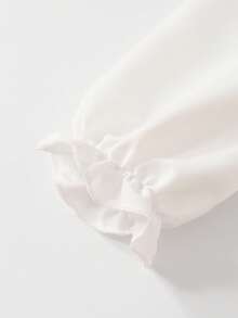 女童休闲衬衫套装，采用玫瑰红色蝴蝶结设计，串珠针织罗纹面料，梭织面料，白色长袖翻领荷叶边下摆衬衫，搭配玫瑰红色珍珠微喇叭裤，两件套，适合返校、休闲、时尚、甜美、舒适的外出和旅行 - 玫紅色 - 查看 6