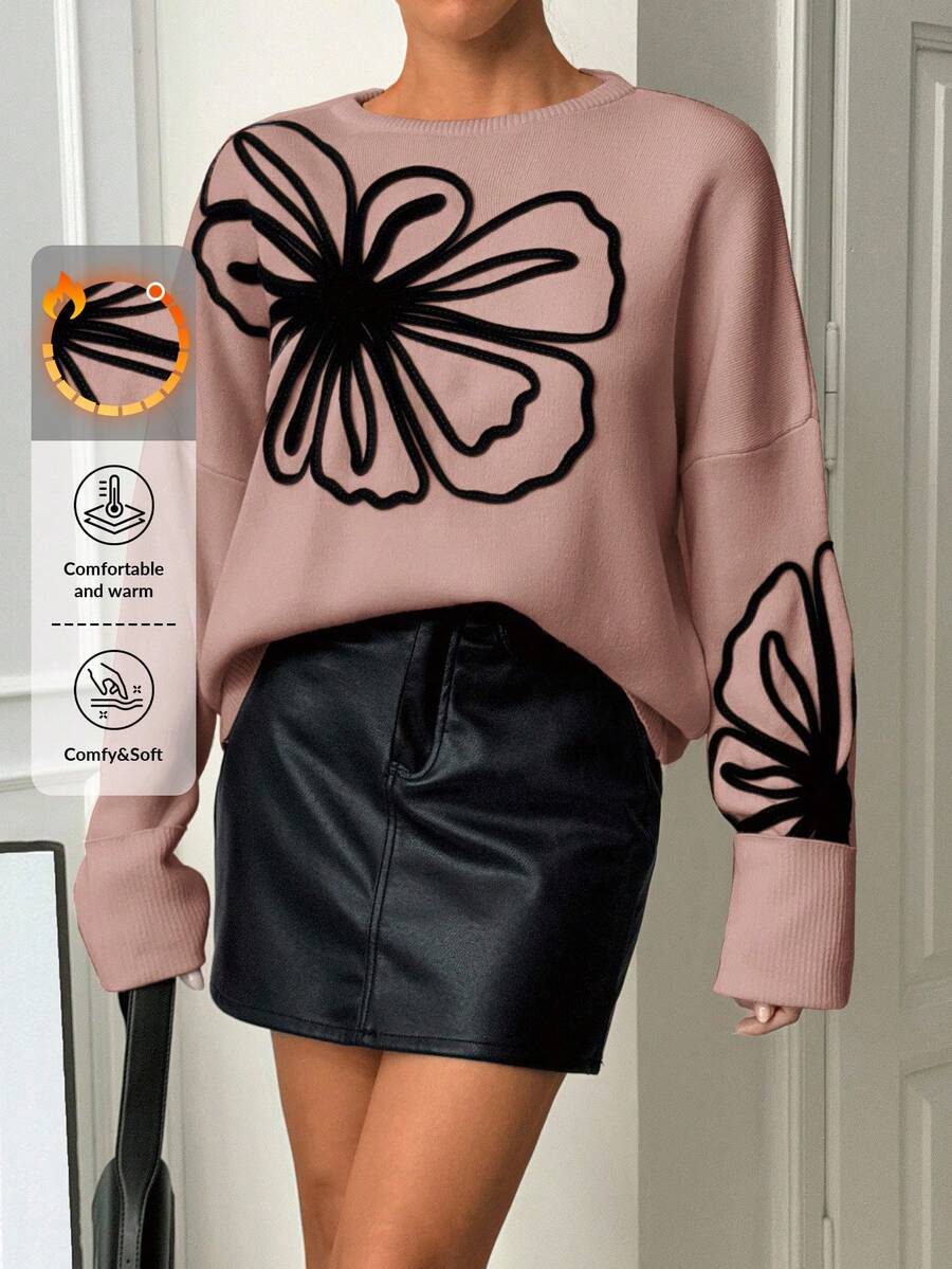 EURMUSE Casual Loose Fit Crew Neck Sweater With Contrast Embroidery, Autumn/Winter - Dusty Pink - View 1