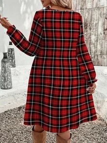 SHEIN LUNE 休闲优雅女士圣诞格纹印花中长连衣裙，适合约会和外出，秋冬季 - 彩色 - 查看 2