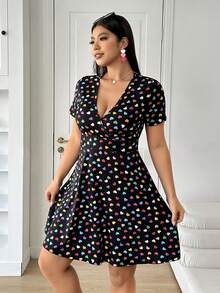 Solflare Valentine's Day Outfit, Colorful Heart Print V-Neck Plus Size Dress - Multicolor - View 5