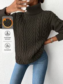 SHEIN Women's Solid Color Cable High Neck Casual Long Sleeve Pullover Sweater