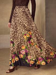 MOTF PREMIUM WOMEN'S LEOPARD PRINT ELEGANT PLEATED LONG FLOWY SKIRT, AUTUMN - Brown - View 5