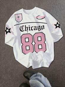 SHEIN EZwear 休闲简约数字 88 和五角星印花圆领宽松女式 T 恤 - 彩色 - 查看 5