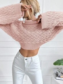EURMUSE Solid Batwing Sleeve Mock Neck Pointelle Knit Sweater - Beige - View 5