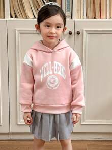 Genkimix Kids Set de 2 piezas con sudadera con capucha de forro polar con bloque de color y estampado de letras, y falda plisada versátil gris para niñas - Multicolor - Ver 1