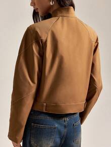 Easelle 棕色女式休闲长袖梭织夹克，前系带 - 棕色 - 查看 2