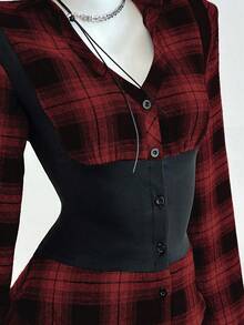 Elamini 女士秋冬时尚格子拼接撞色腰衬衫领长袖上衣 - 紅色 - 查看 6