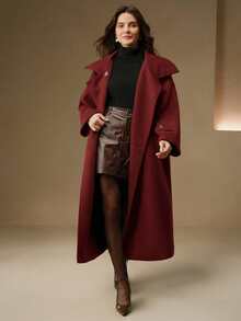 Anewsta Women's High-End Elegant Stand Collar Loose Mid-Length Burgundy Overcoat,Autumn Elegant Office Luxury Formal Chic Dark Coat For Christmas New Year - Burgundy - View 4