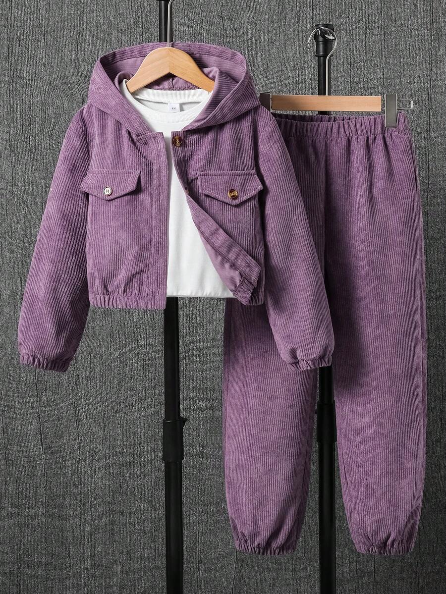 Sparklyn Bộ 2 áo hoodie cài nút phía trước và quần jogger màu trơn thường ngày cho bé gái tuổi teen, mùa thu - Màu tím - Xem 1